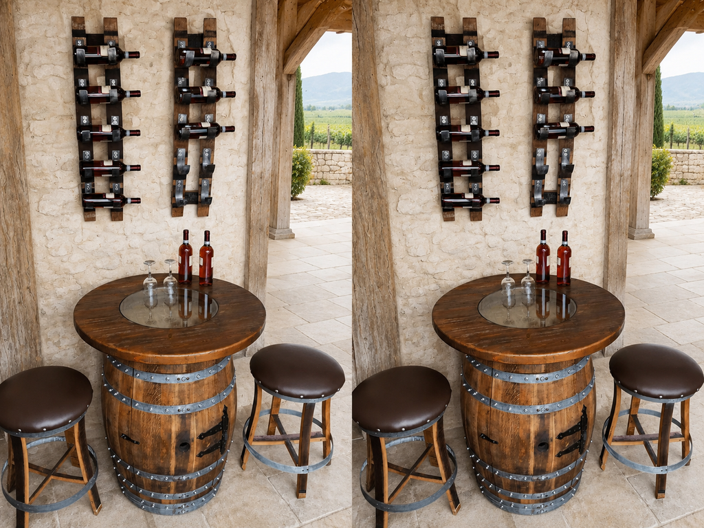Whiskey & Wine Barrel Home Bar Set #1 — Bar Cabinet, Pub Table & Stools