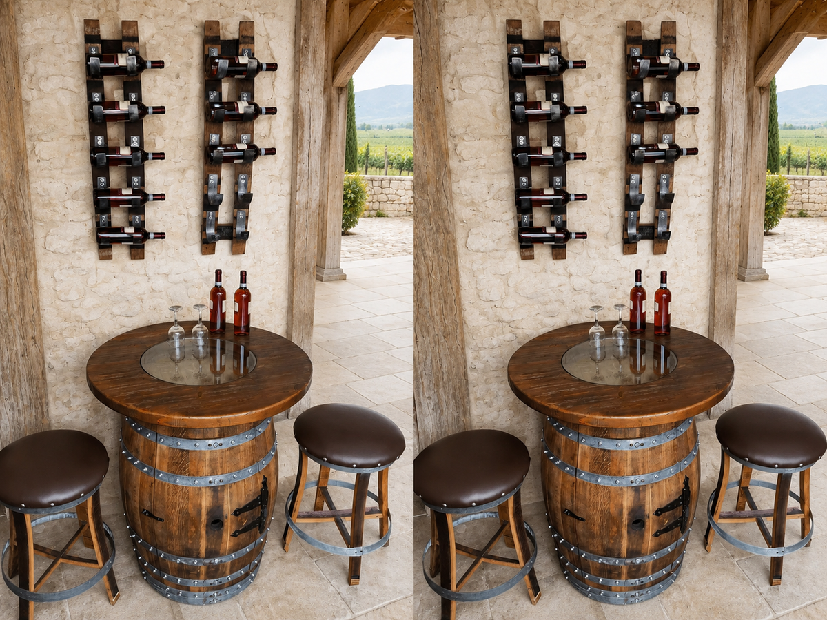 Whiskey & Wine Barrel Home Bar Set #1 — Bar Cabinet, Pub Table & Stools