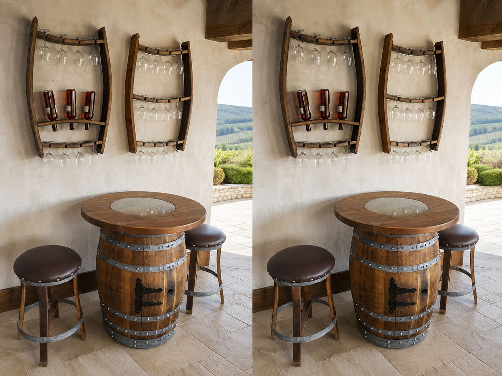 Whiskey & Wine Barrel Home Bar Set #2 — Bar Cabinet, Pub Table & Stools