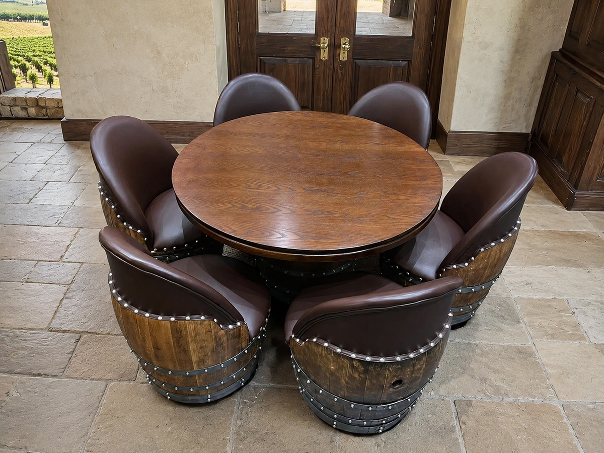 Whiskey & Wine Barrel Game Table Set — Poker Top and Dining Top Included, 6 Chairs