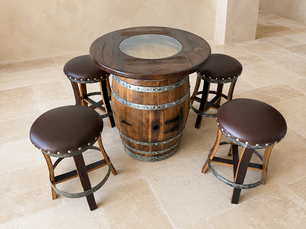 Whiskey & Wine Barrel Round Top with Glass Center — Wire-Brushed Oak, Fits 53–59 Gal