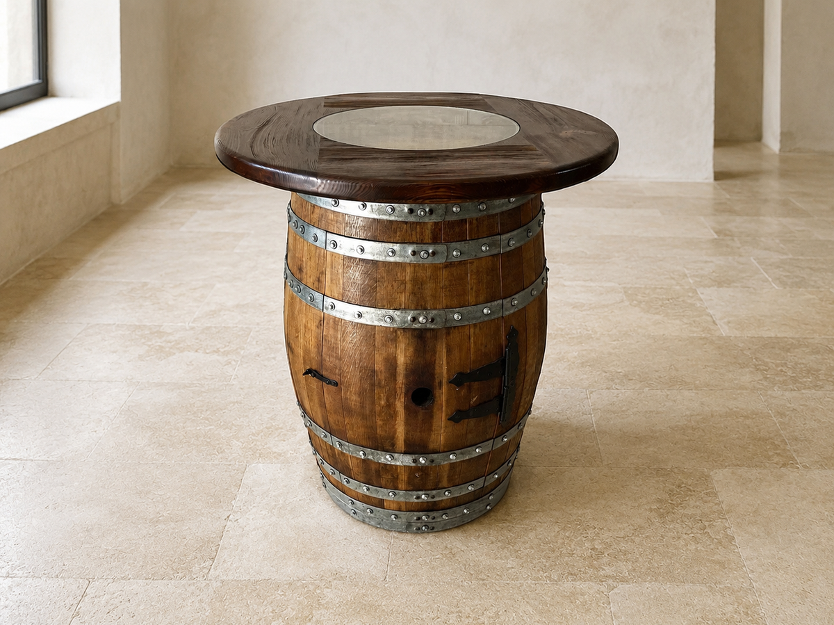 Whiskey & Wine Barrel Round Top with Glass Center — Wire-Brushed Oak, Fits 53–59 Gal