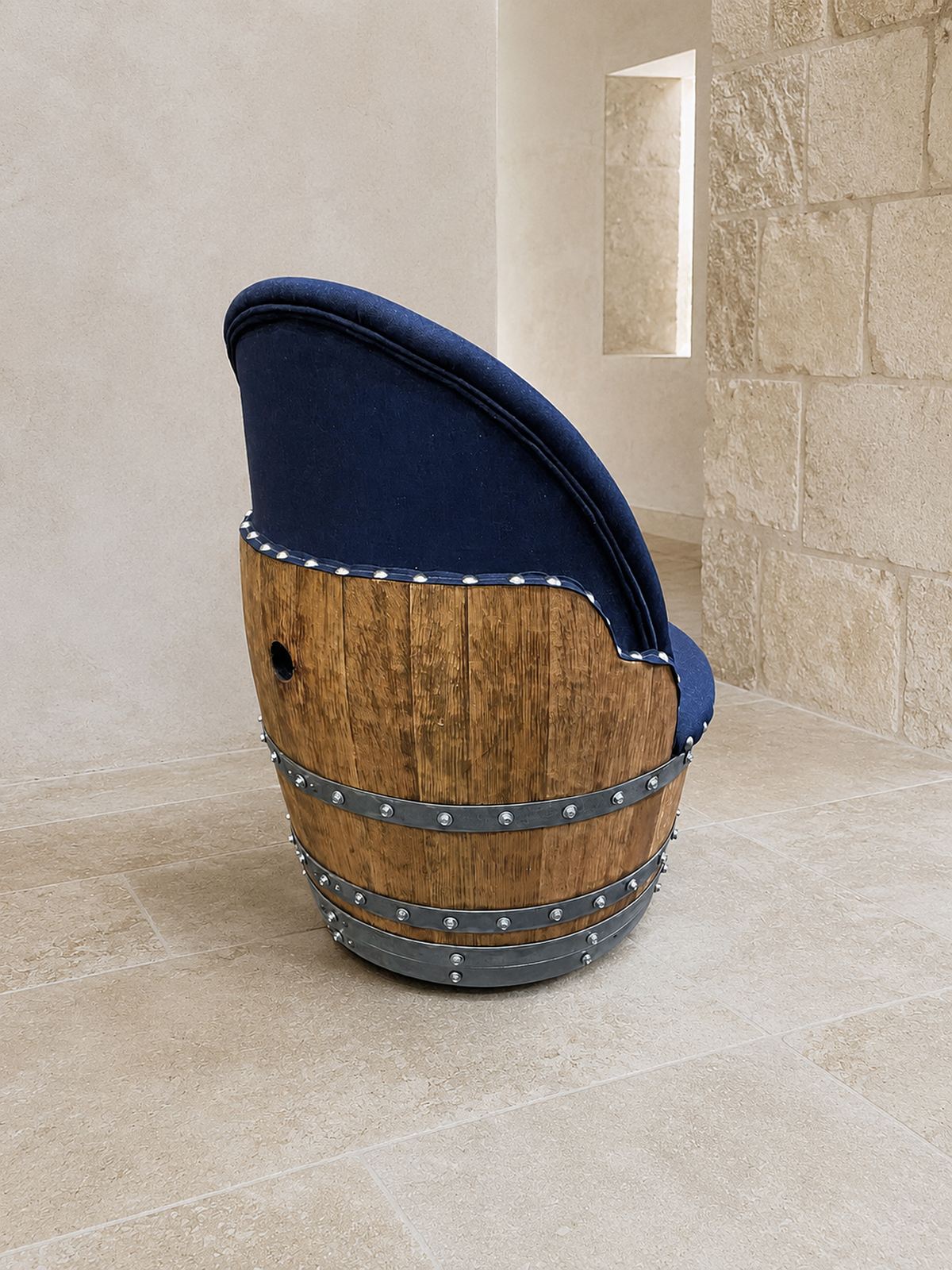 Whiskey & Wine Barrel Lounge Chair — Hidden Storage, Memory Foam, Blue Denim Upholstery (Limited)