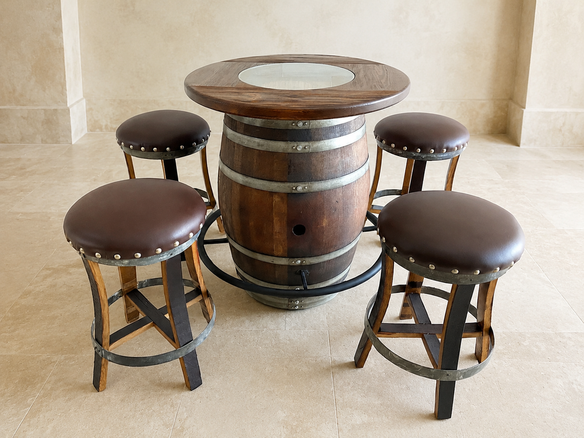 Whiskey & Wine Barrel Round Top with Glass Center — Wire-Brushed Oak, Fits 53–59 Gal