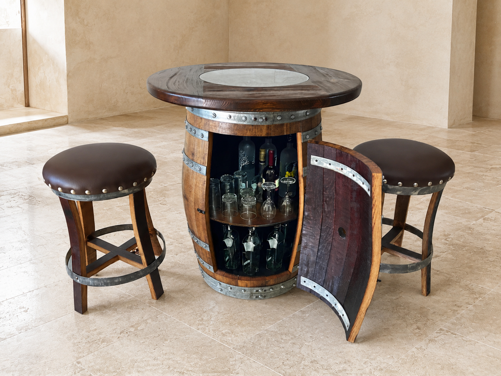 Whiskey & Wine Barrel Round Top with Glass Center — Wire-Brushed Oak, Fits 53–59 Gal