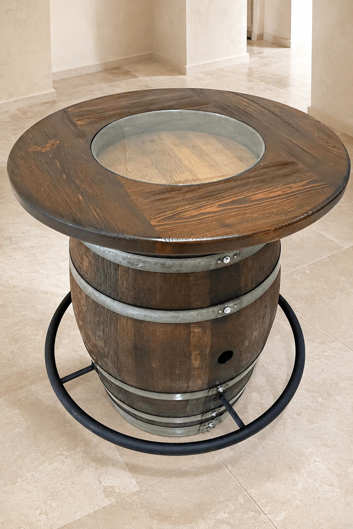 Whiskey & Wine Barrel Round Top with Glass Center — Wire-Brushed Oak, Fits 53–59 Gal