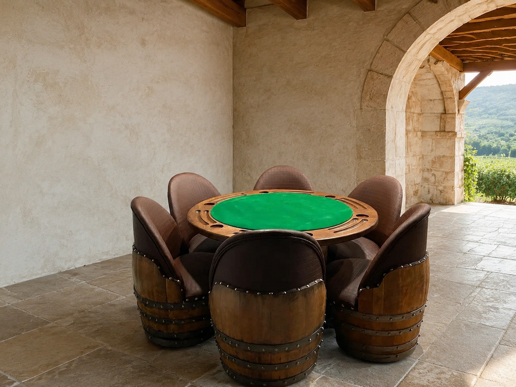Whiskey & Wine Barrel Game Table Set — Poker Top and Dining Top Included, 6 Chairs