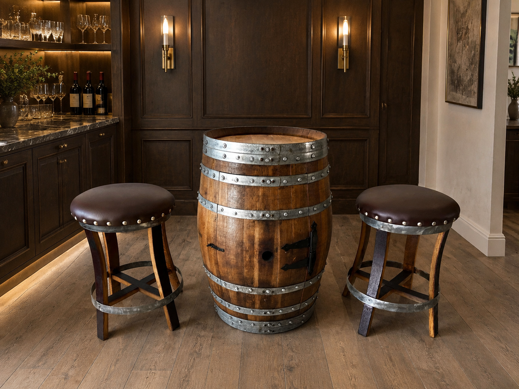 Whiskey & Wine Barrel Bar Set — Cabinet Storage, Bar Stools, No Top