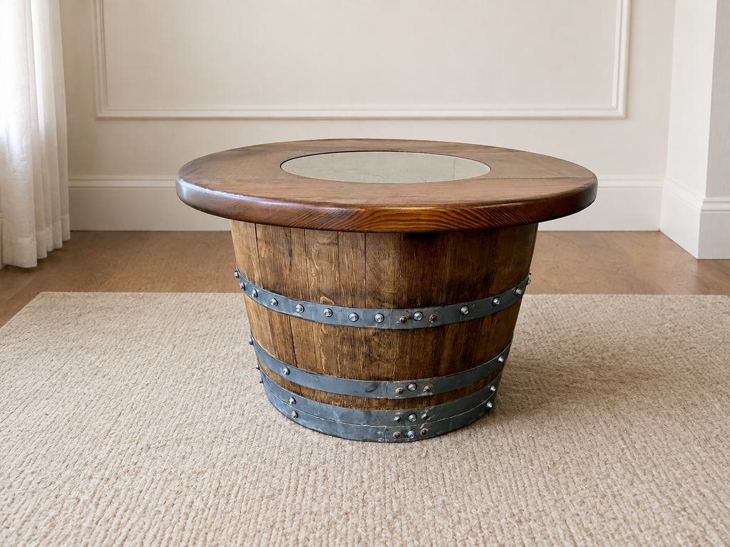 Whiskey & Wine Barrel Coffee Table Set — Full Round Table, 4 Chairs