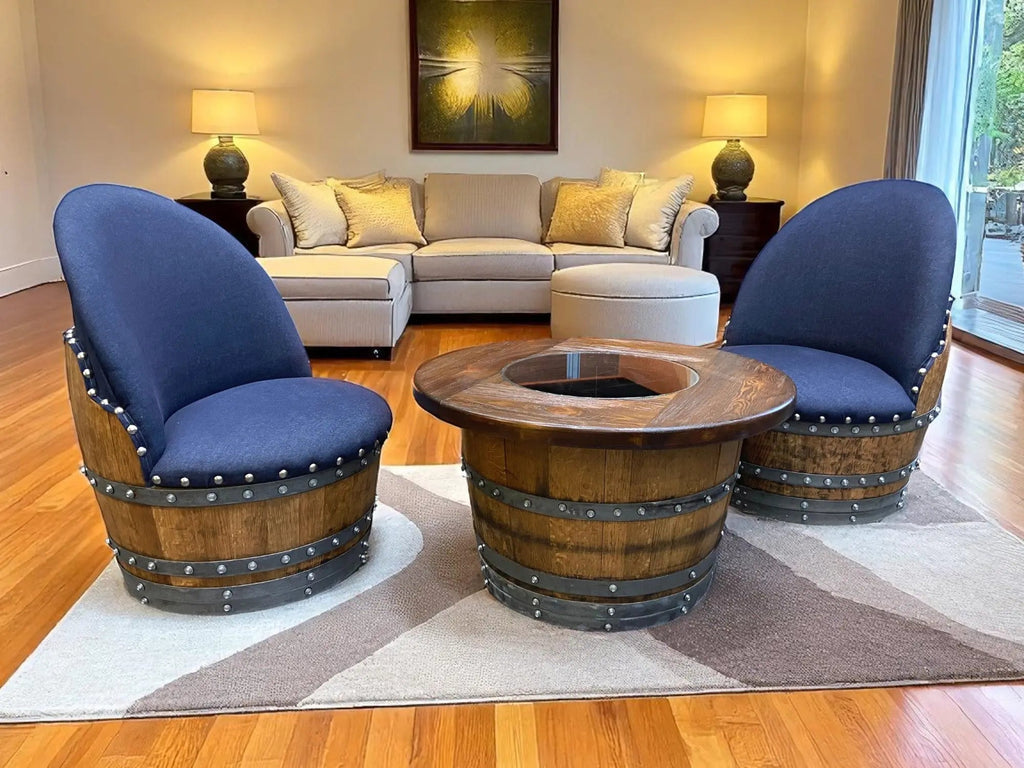 Whiskey & Wine Barrel Half-Barrel Table Set — 2 Chairs