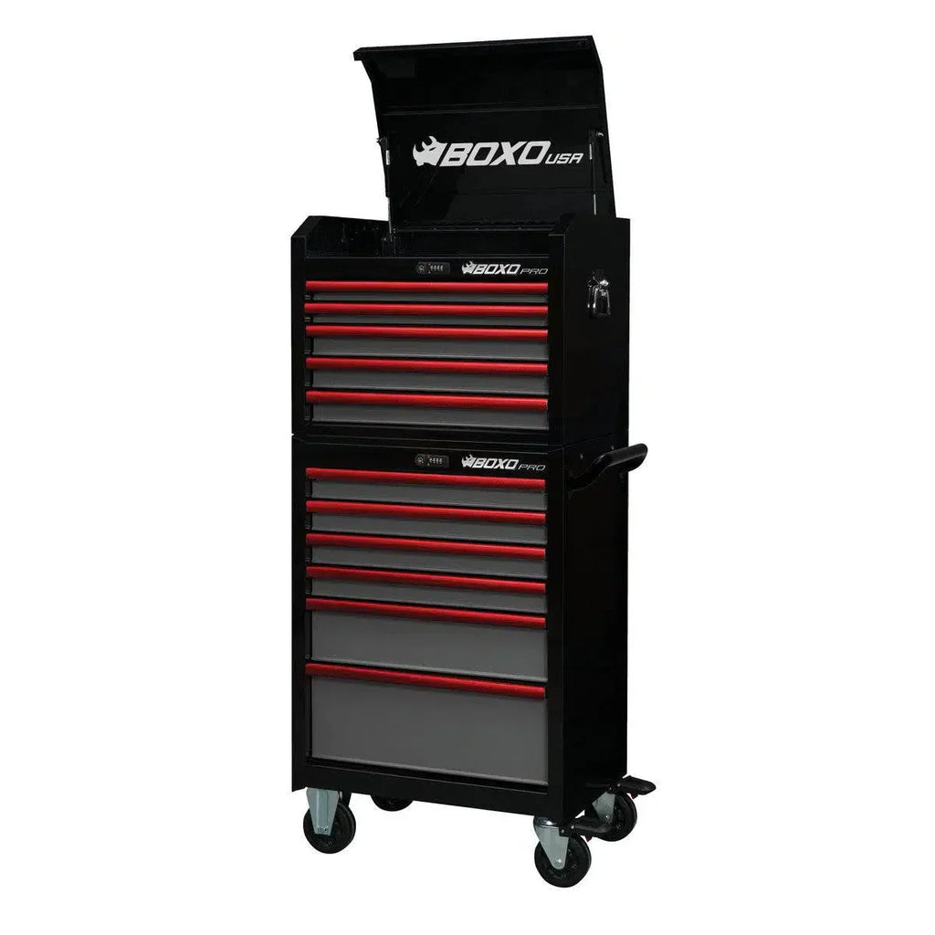 BoxoUSA Pro Series 26" 11-Drawer Rolling Tool Box Combo – Black & Red