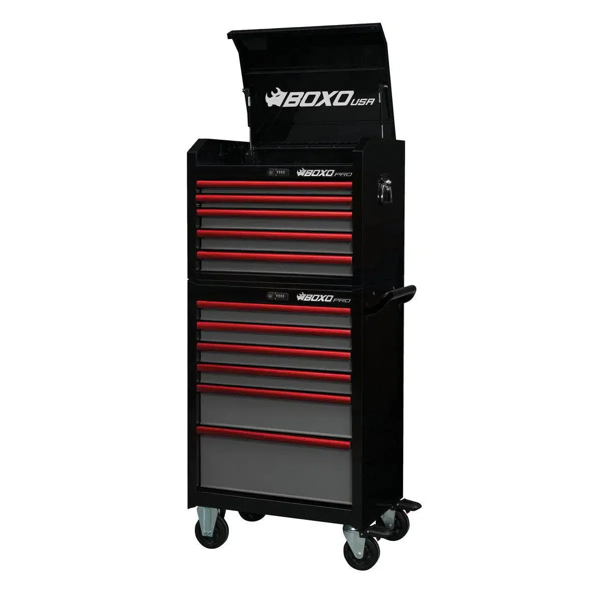 BoxoUSA Pro Series 26" 11-Drawer Rolling Tool Box Combo – Black & Red