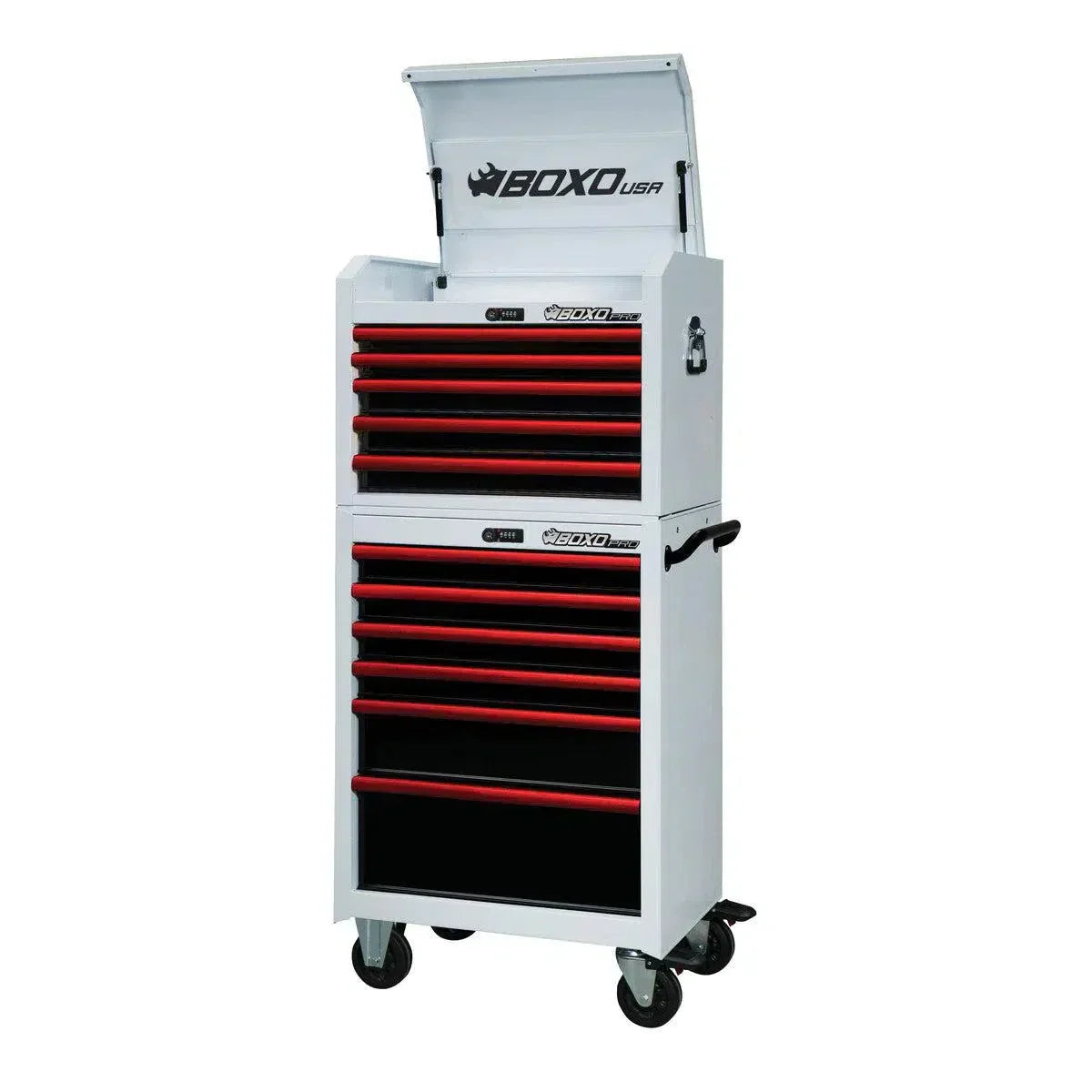 BoxoUSA Pro Series 26" 11-Drawer Rolling Tool Box Combo – White & Red