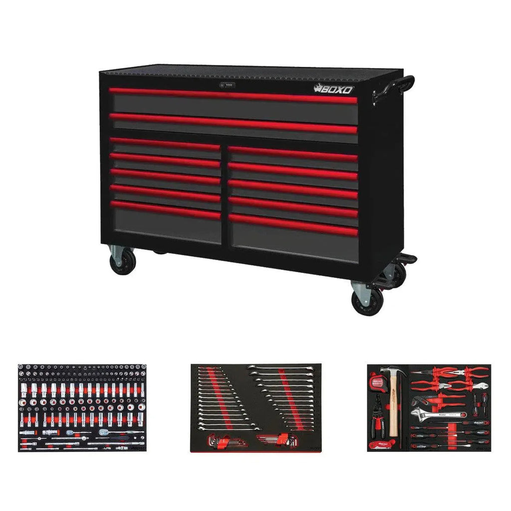 BoxoUSA Pro Series Loaded 53" 12-Drawer Rolling Tool Box Combo (222-Piece Set)