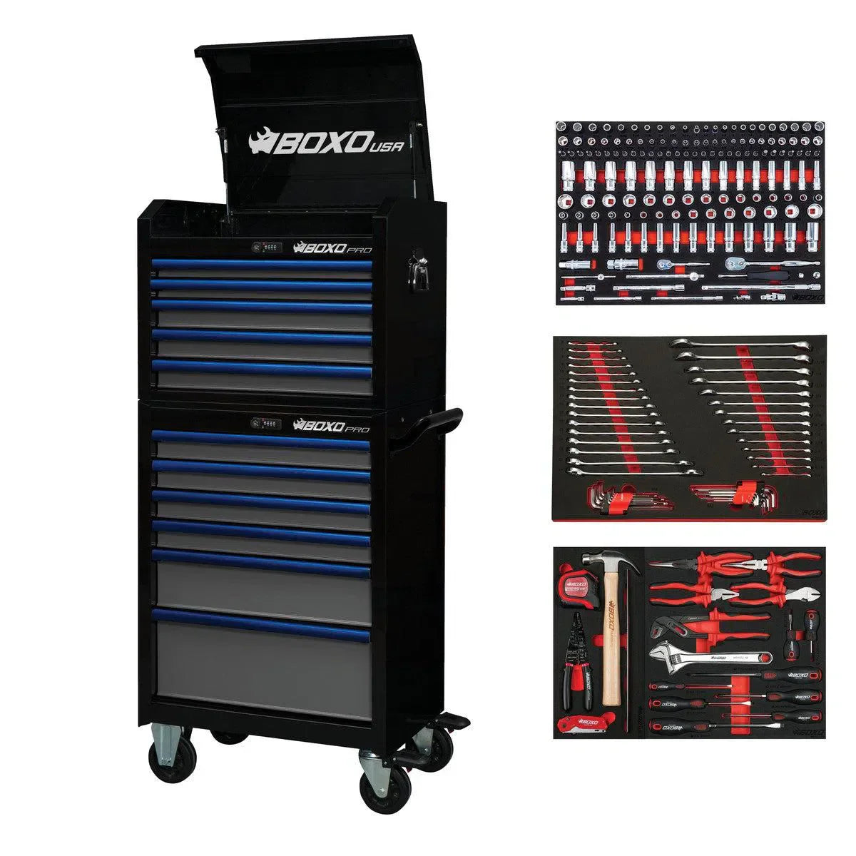 BoxoUSA Pro Series Loaded 26" 11-Drawer Rolling Tool Box Combo (222-Piece Set)