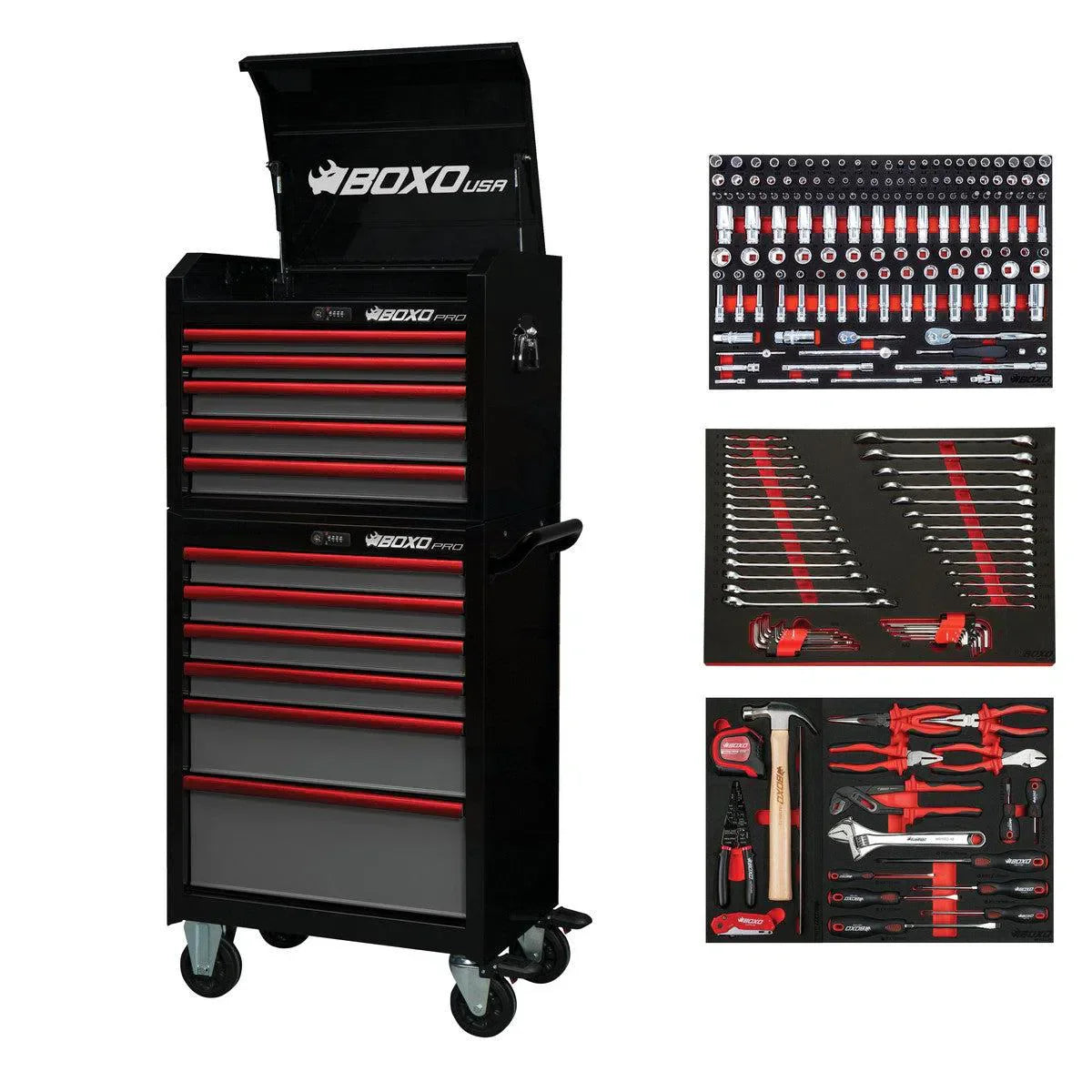 BoxoUSA Pro Series Loaded 26" 11-Drawer Rolling Tool Box Combo (222-Piece Set)