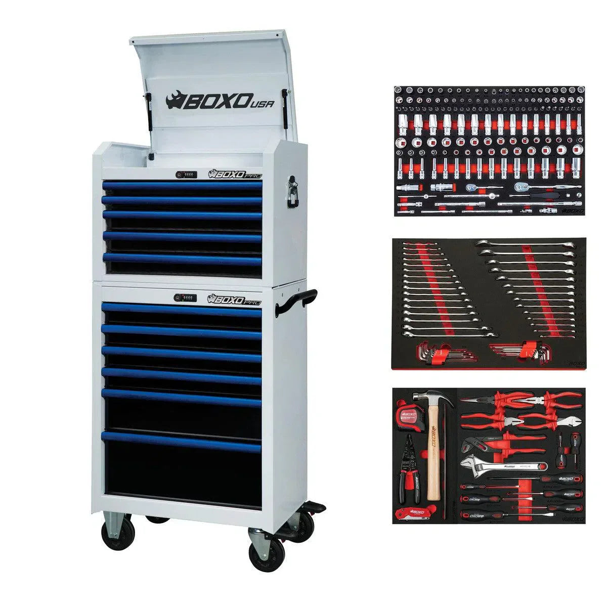 BoxoUSA Pro Series Loaded 26" 11-Drawer Rolling Tool Box Combo (222-Piece Set)