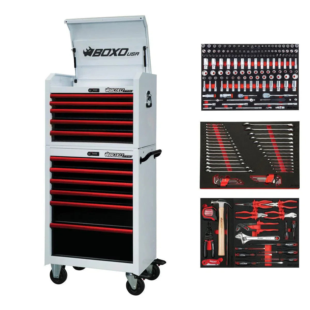 BoxoUSA Pro Series Loaded 26" 11-Drawer Rolling Tool Box Combo (222-Piece Set)