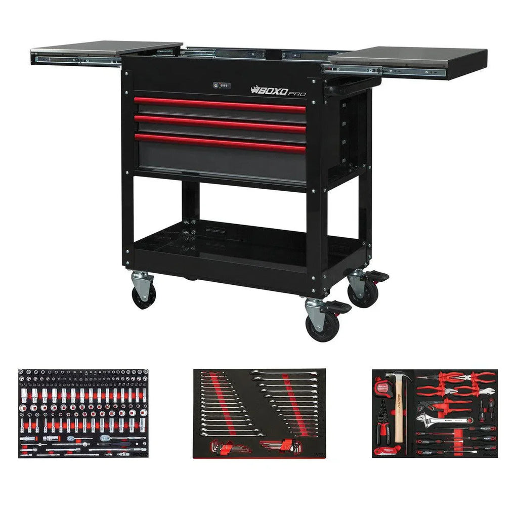 BoxoUSA Pro Series Loaded 35" 3-Drawer Slide-Top Service Cart (222-Piece Set)