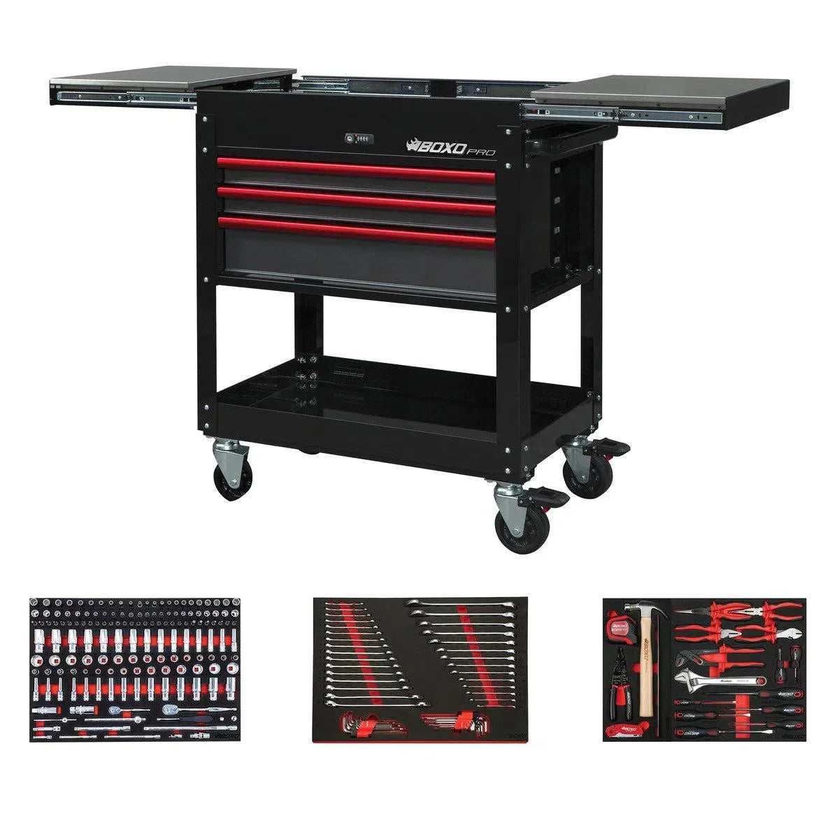 BoxoUSA Pro Series Loaded 35" 3-Drawer Slide-Top Service Cart (222-Piece Set)