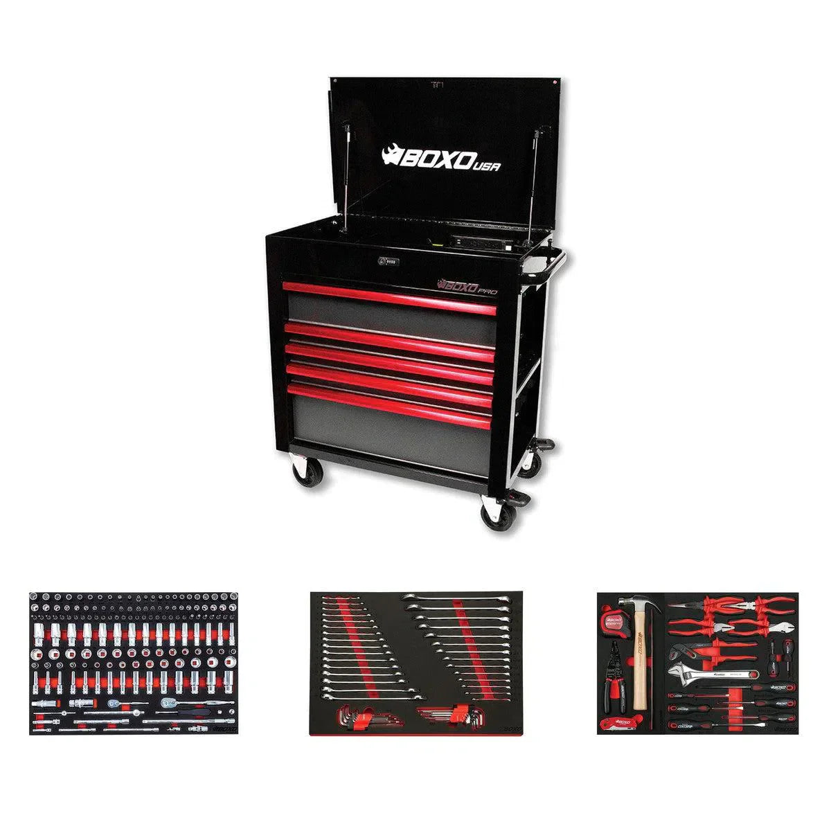 BoxoUSA Pro Series Loaded 35" 5-Drawer Flip-Top Service Cart (222-Piece Set)
