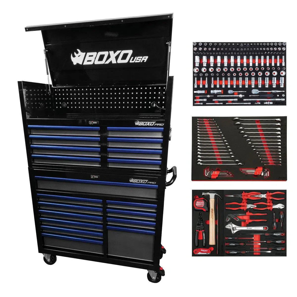 BoxoUSA Pro Series Loaded 45" 19-Drawer Rolling Tool Box Combo (222-Piece Set)