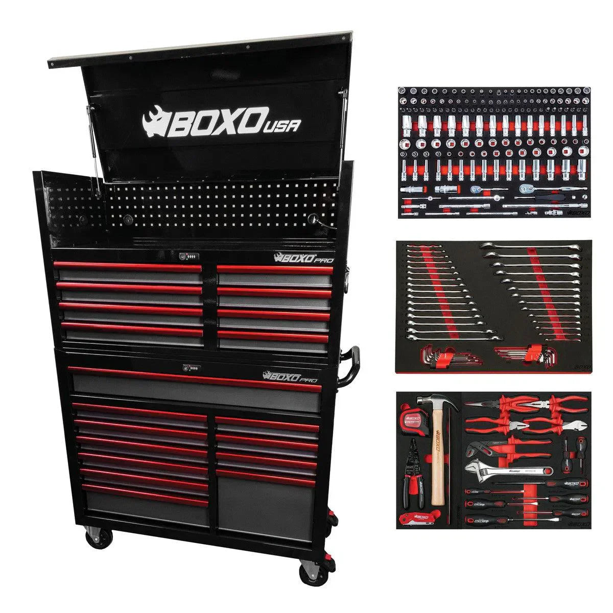 BoxoUSA Pro Series Loaded 45" 19-Drawer Rolling Tool Box Combo (222-Piece Set)