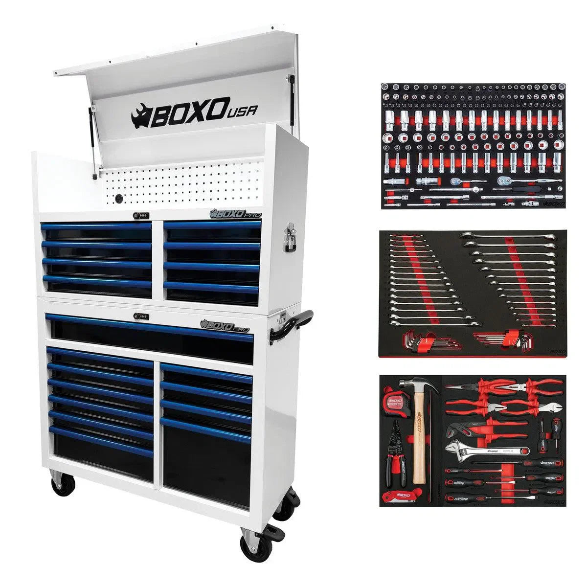 BoxoUSA Pro Series Loaded 45" 19-Drawer Rolling Tool Box Combo (222-Piece Set)