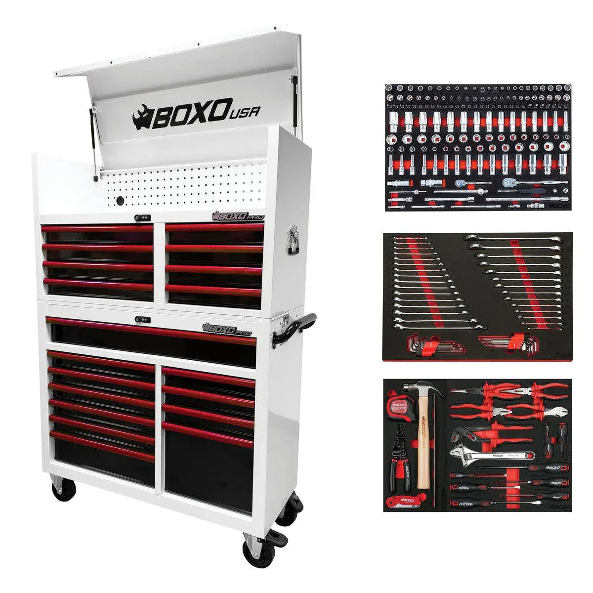BoxoUSA Pro Series Loaded 45" 19-Drawer Rolling Tool Box Combo (222-Piece Set)