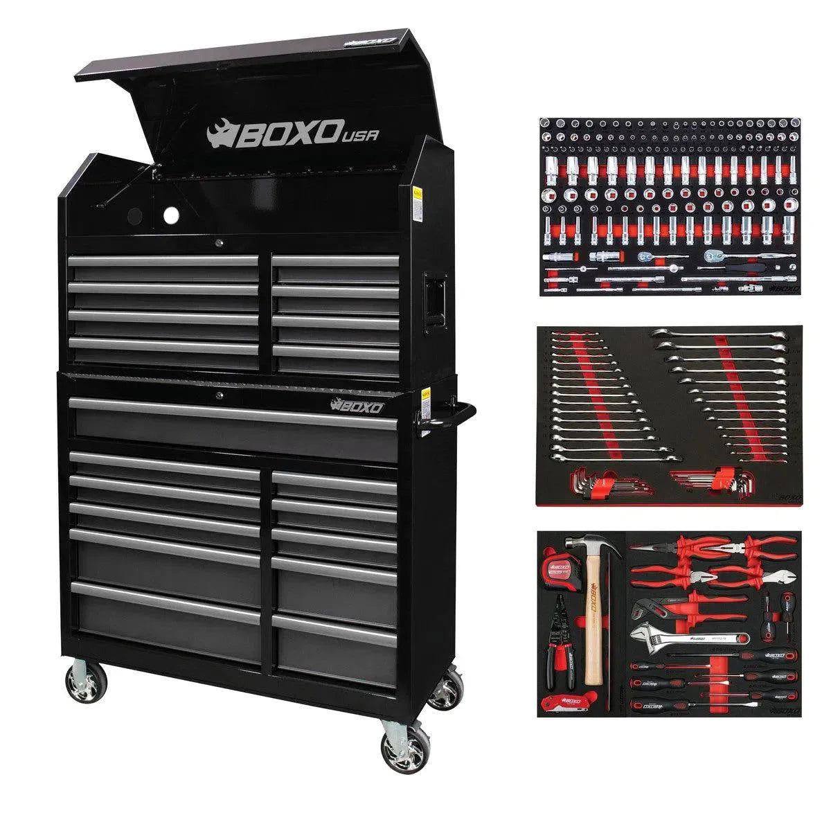 BoxoUSA Tech Series Loaded 41" 19-Drawer Rolling Tool Box Combo (222-Piece Set)