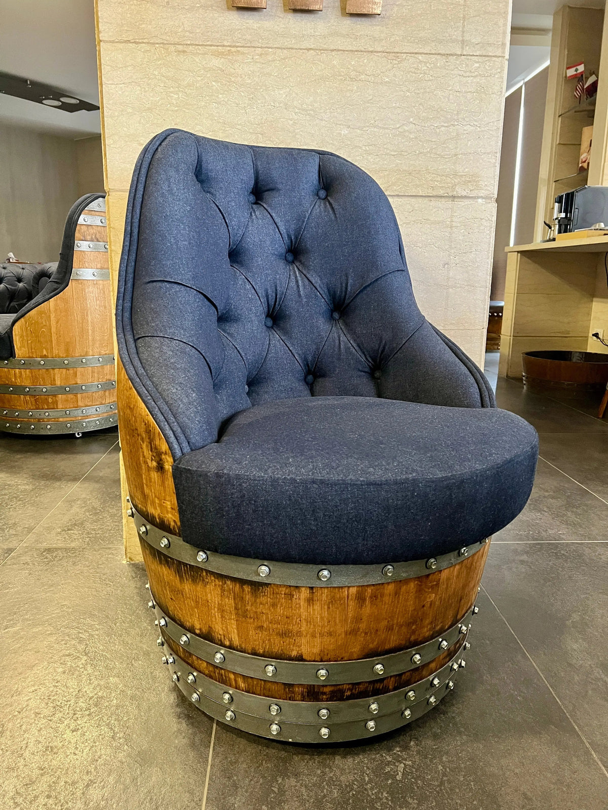 Luxury Whiskey & Wine Barrel Captain Chair Corner Set — Two Chairs & Corner Table