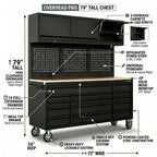 Overhead Pro 72" Rolling Tool Chest | 79" Tall | 24" Deep | 14 Drawers | Overheads | Pegboard & Power Strip