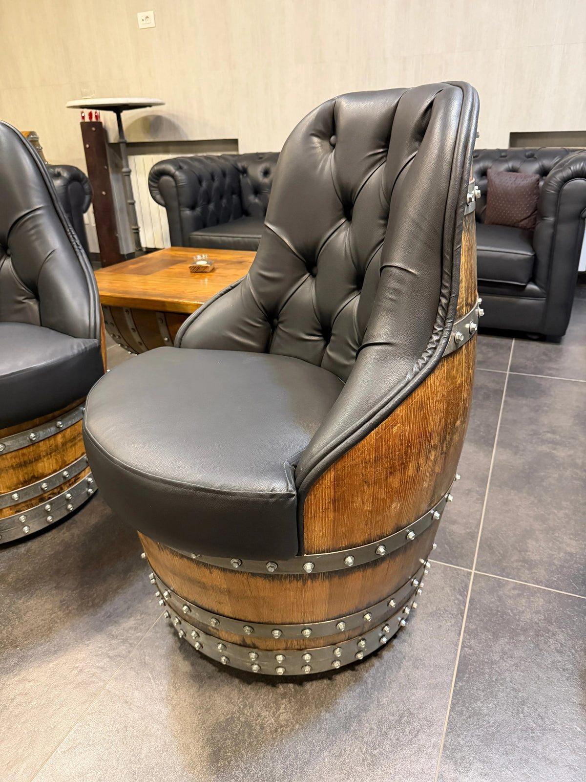 Luxury Whiskey & Wine Barrel Captain Chair — Memory Foam, Brown Upholstery