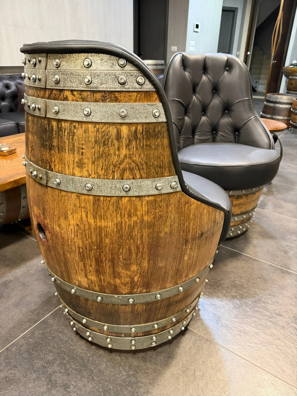 Luxury Whiskey & Wine Barrel Captain Chair — Memory Foam, Brown Upholstery