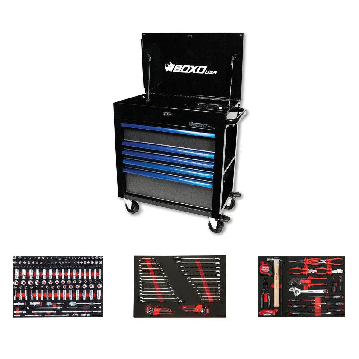 BoxoUSA Pro Series Loaded 35" 5-Drawer Flip-Top Service Cart (222-Piece Set)