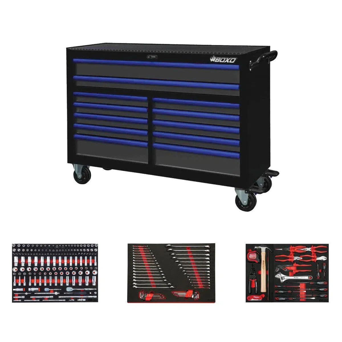 BoxoUSA Pro Series Loaded 53" 12-Drawer Rolling Tool Box Combo (222-Piece Set)