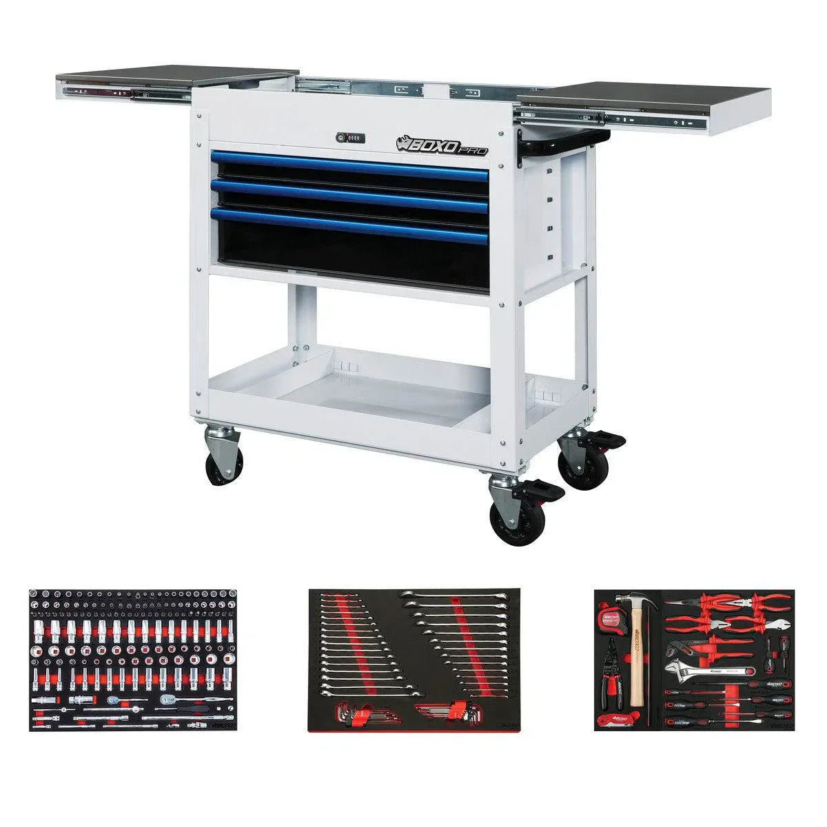 BoxoUSA Pro Series Loaded 35" 3-Drawer Slide-Top Service Cart (222-Piece Set)