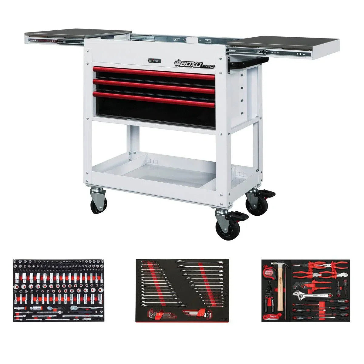 BoxoUSA Pro Series Loaded 35" 3-Drawer Slide-Top Service Cart (222-Piece Set)
