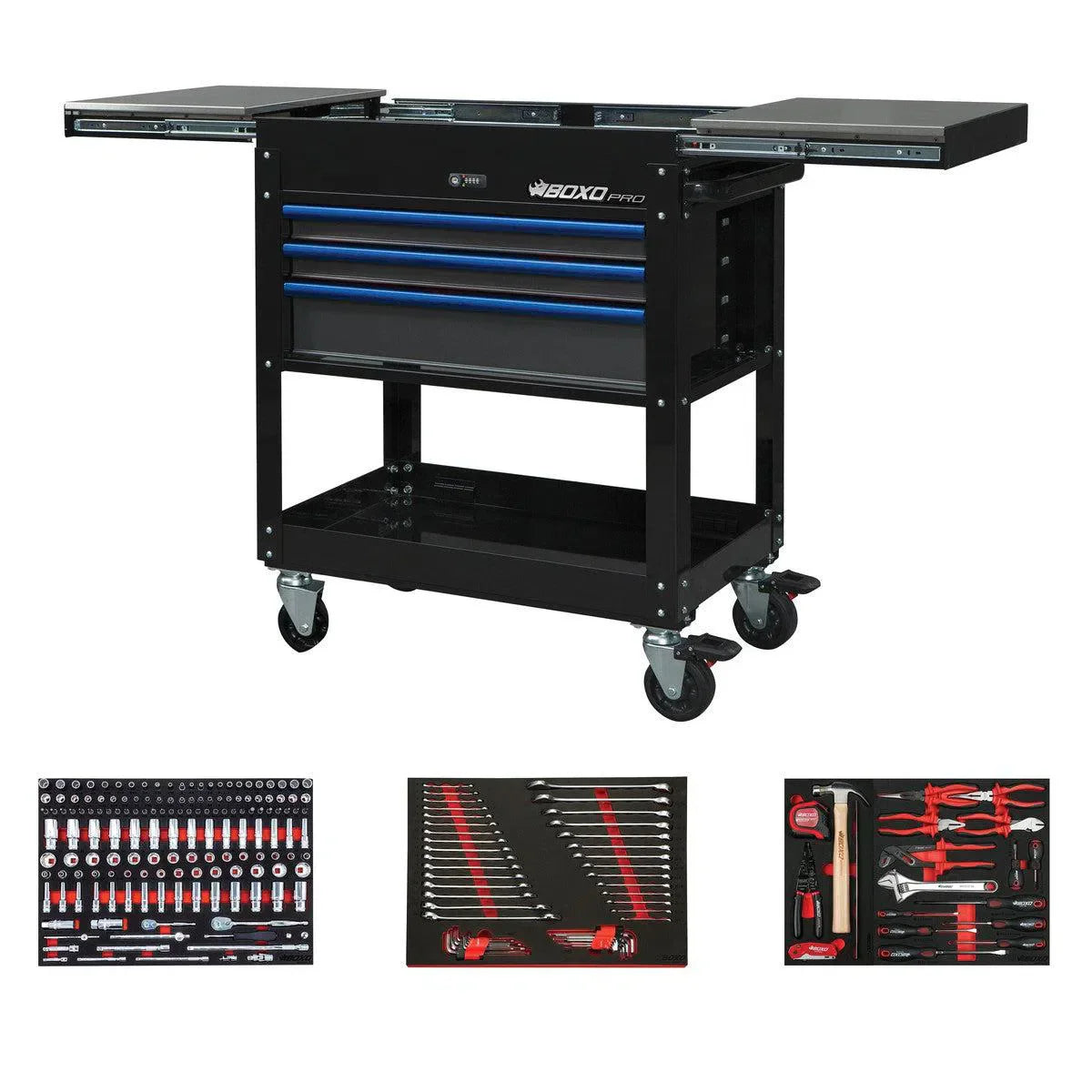 BoxoUSA Pro Series Loaded 35" 3-Drawer Slide-Top Service Cart (222-Piece Set)