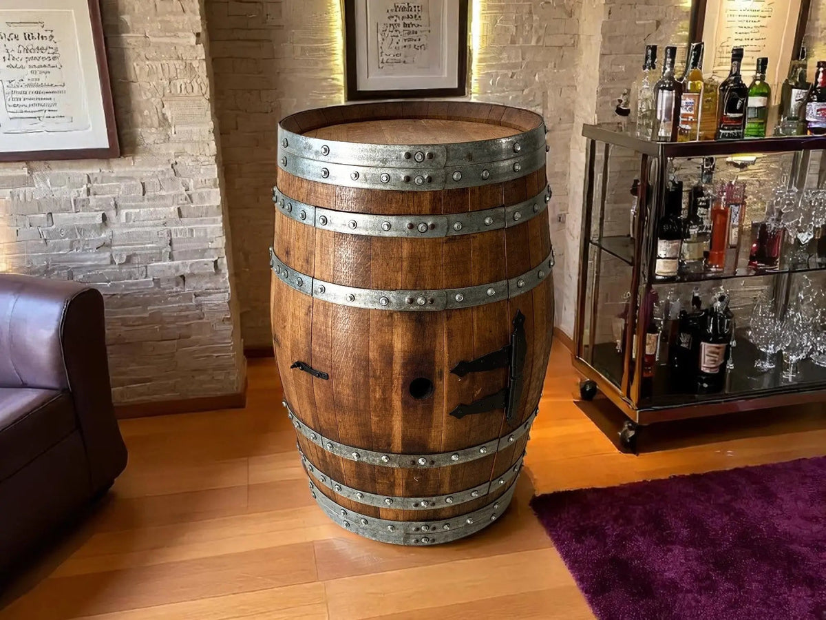 Whiskey & Wine Barrel Bar Cabinet — Door Shelf, Reclaimed Oak