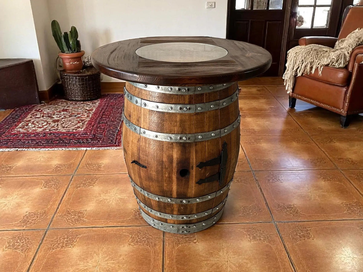 Multi-Use Whiskey & Wine Barrel Bar Set — Glass Top, Cabinet Storage