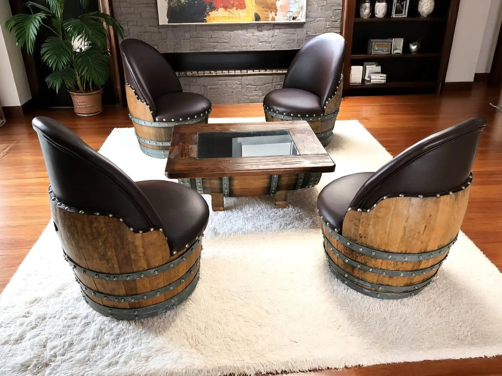 Whiskey & Wine Barrel Coffee Table — Glass Top, Hidden Storage