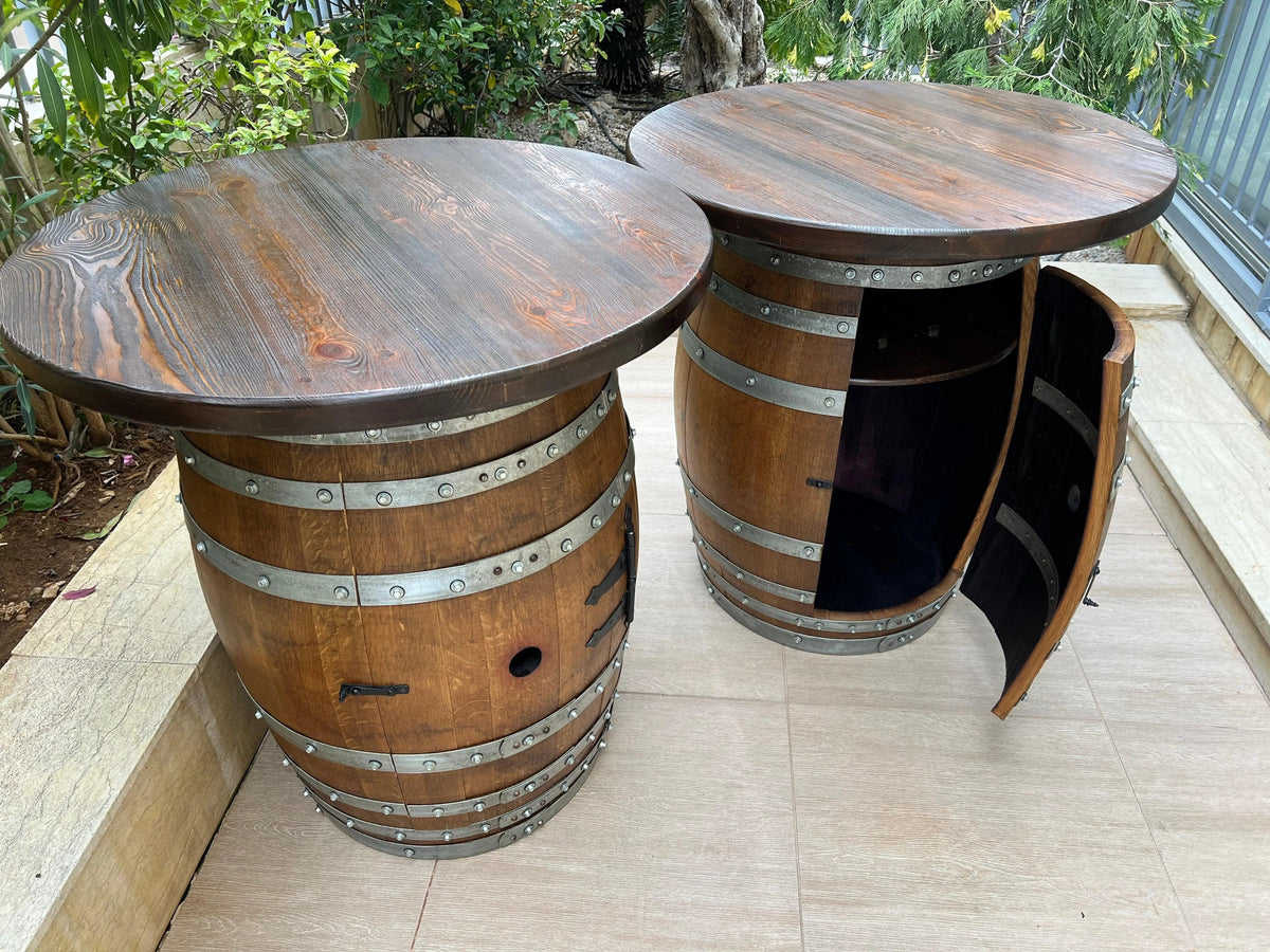 Whiskey & Wine Barrel Double Liquor Cabinet — Door Storage Shelf, 0–8 Stools