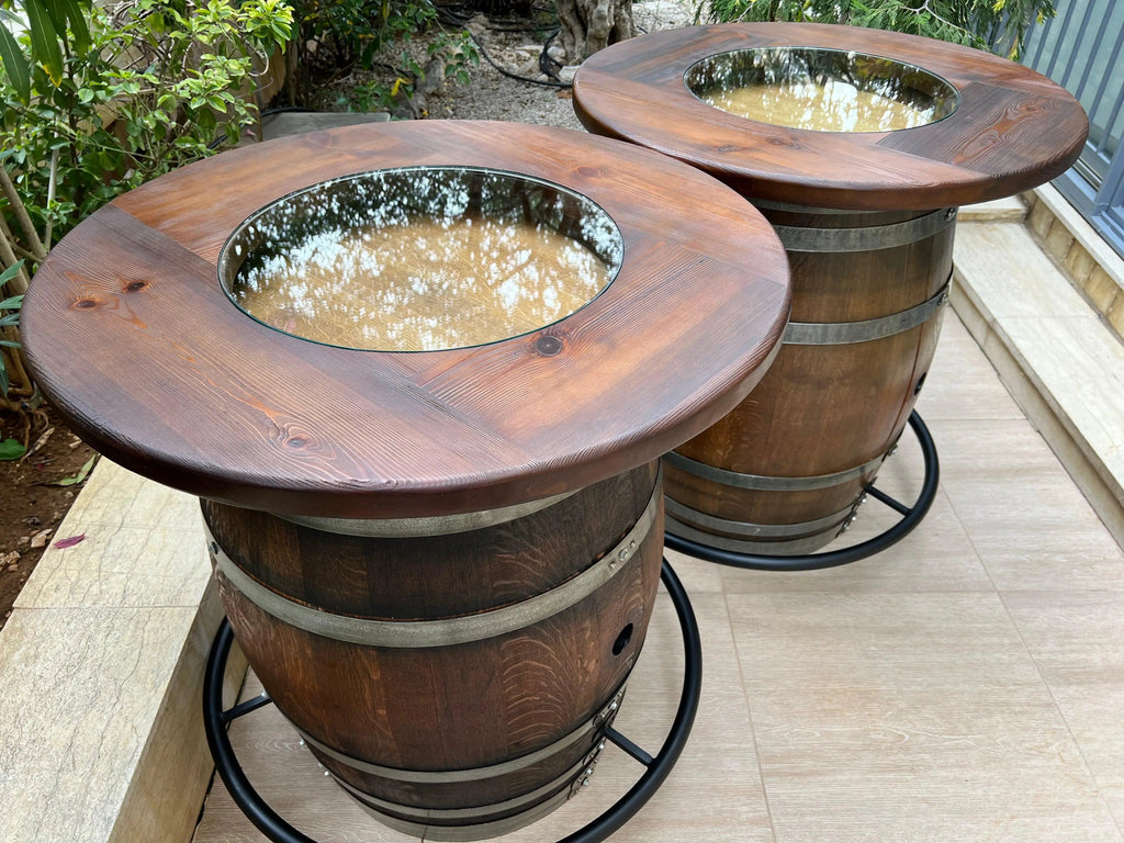 Whiskey & Wine Barrel Double Bar Set — Wood or Glass Top, 0–8 Stools