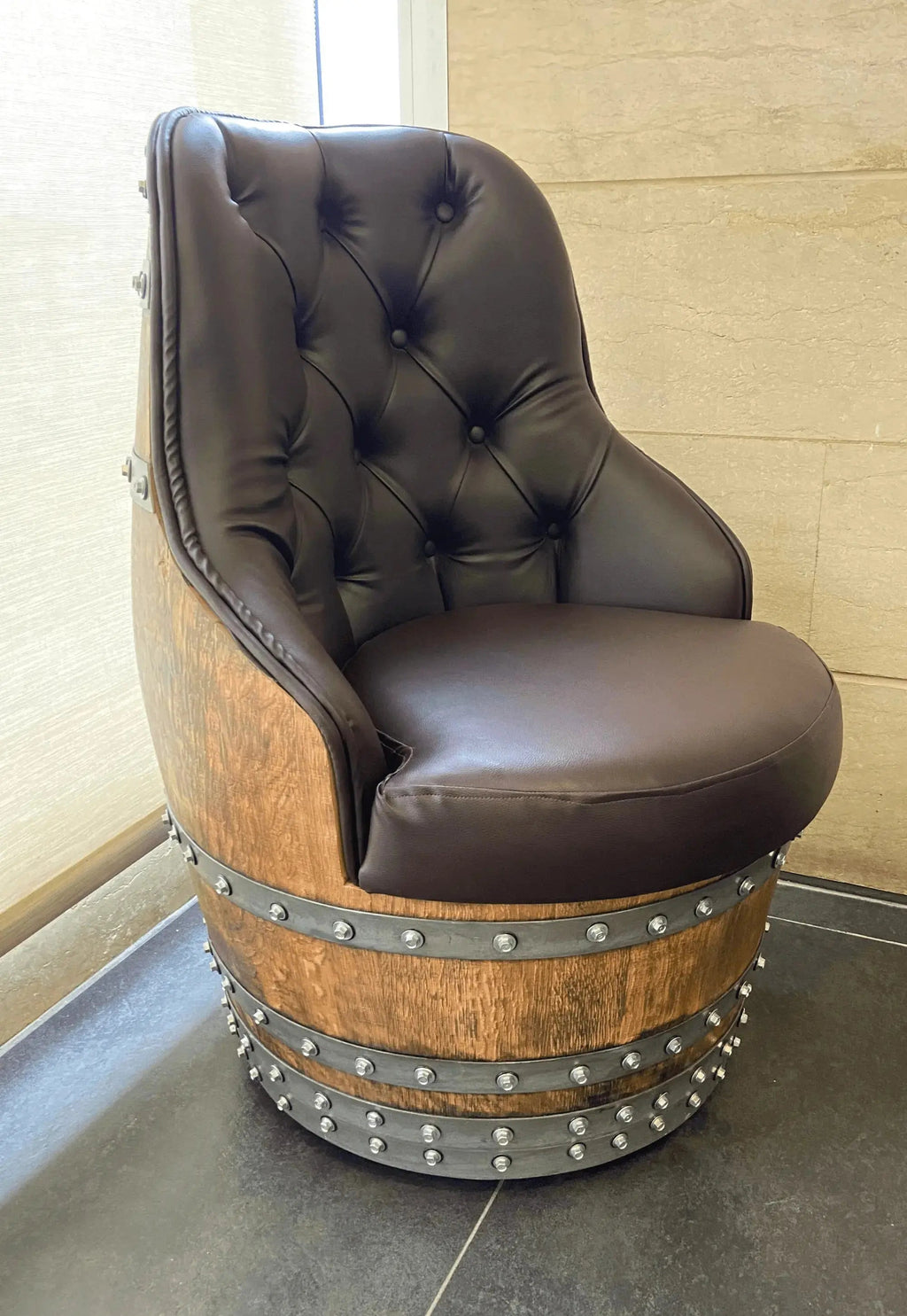 Luxury Whiskey & Wine Barrel Captain Chair — Memory Foam, Brown Upholstery