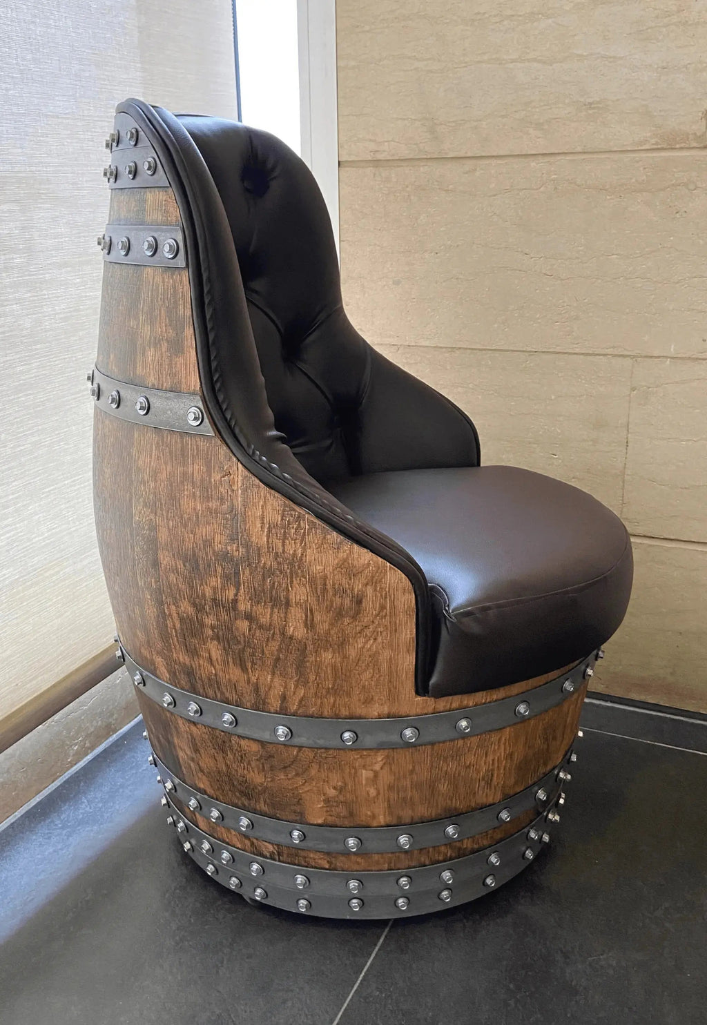 Luxury Whiskey & Wine Barrel Captain Chair — Memory Foam, Brown Upholstery