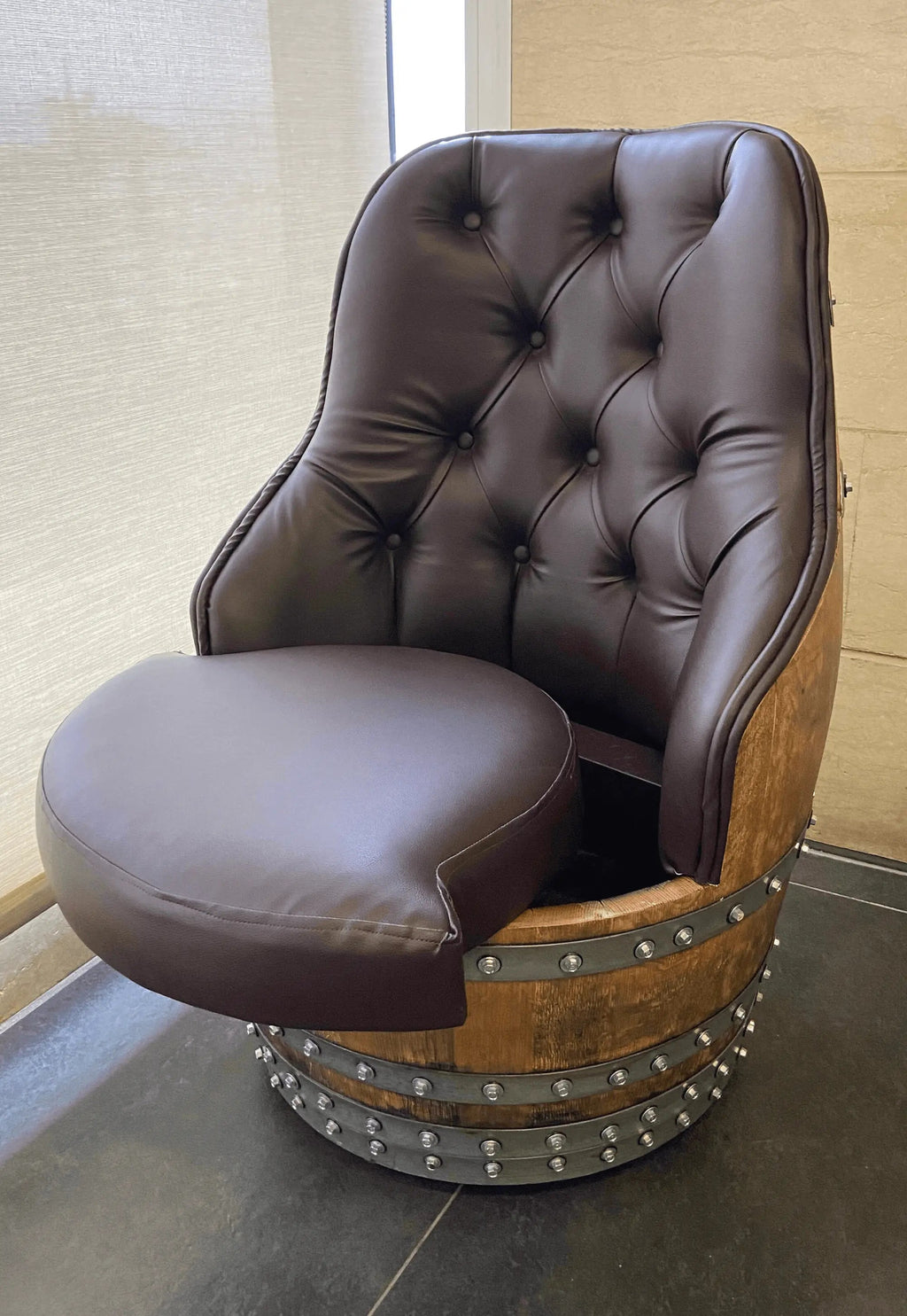 Luxury Whiskey & Wine Barrel Captain Chair Corner Set — Two Chairs & Corner Table
