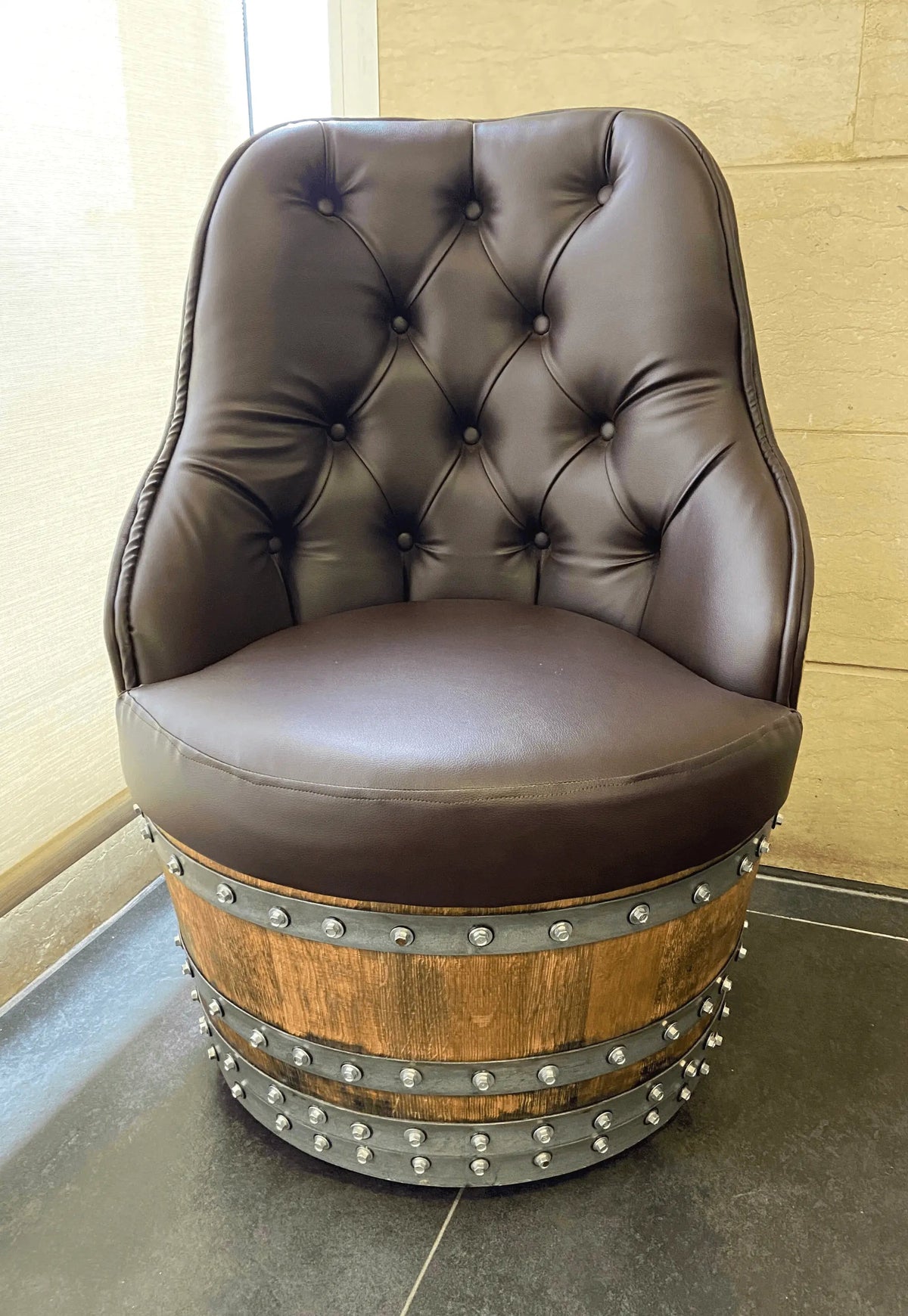 Luxury Whiskey & Wine Barrel Captain Chair Corner Set — Two Chairs & Corner Table