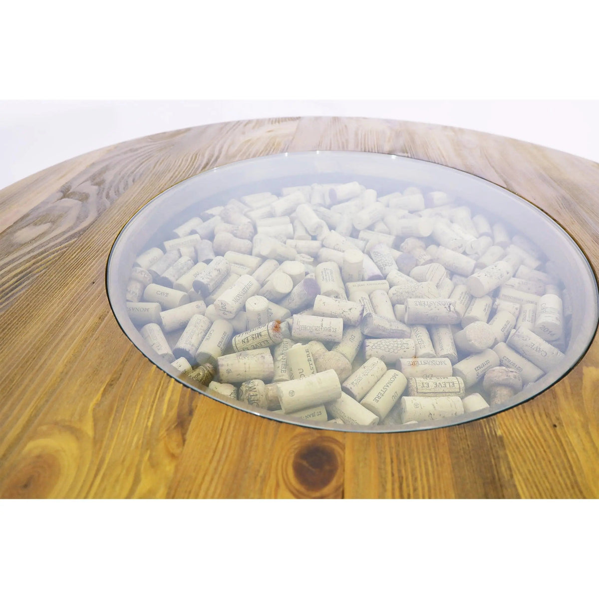Whiskey & Wine Barrel Round Top with Glass Center — Wire-Brushed Oak, Fits 53–59 Gal